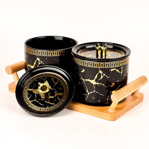 Ceramic Jars Set with Wooden Tray - Sugar Jar - Kitchen Cannister Set